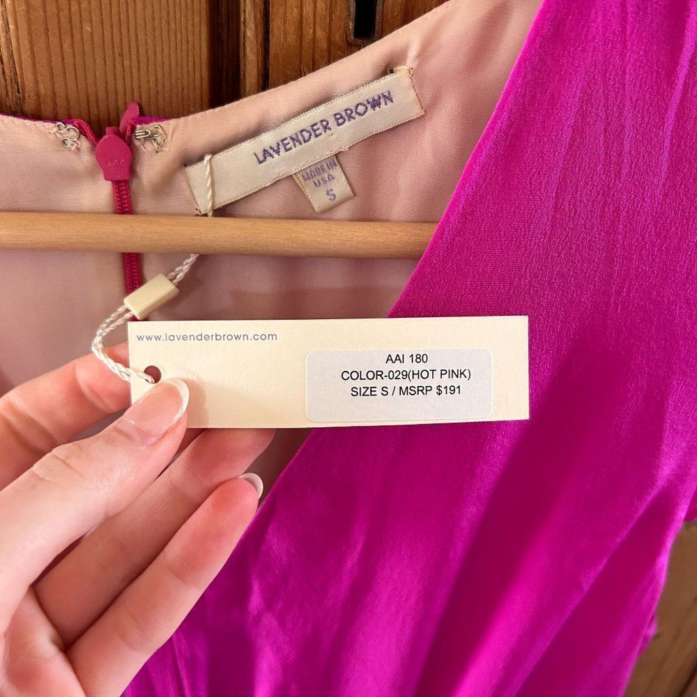 Lavender Brown Small Hot Pink Dress Fuschia V-Neck Fit and Flare Silk Barbie NEW - Picture 4 of 8